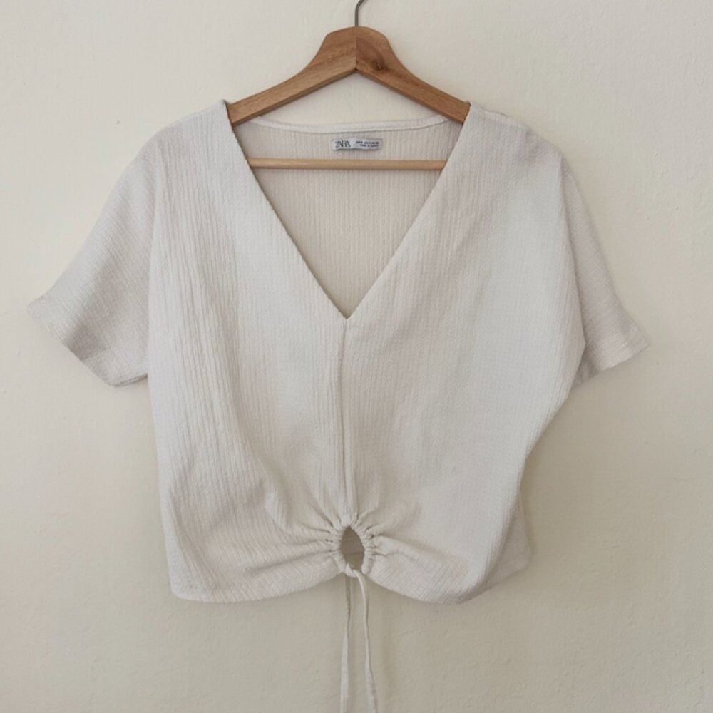 Zara Cream V-Neck Short Sleeve Blouse with Front Tie